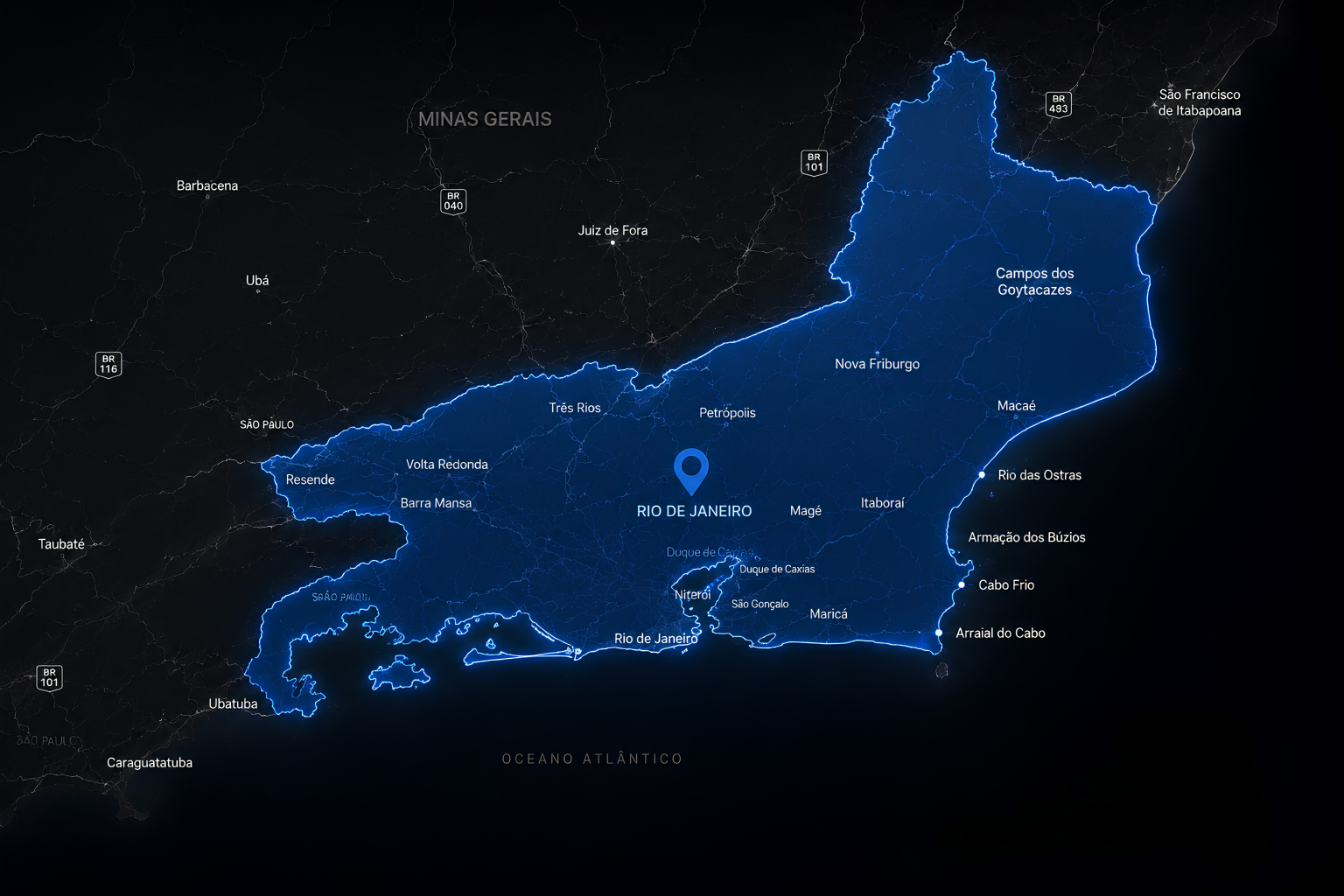Mapa do estado do Rio de Janeiro. Área de atendimento Frosted
